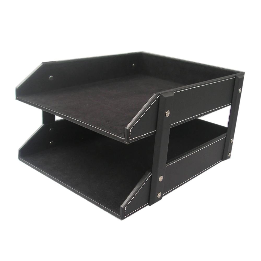 High Quality Brown A4  PU Leather Desktop File Organizer Office 2 Layer File Tray