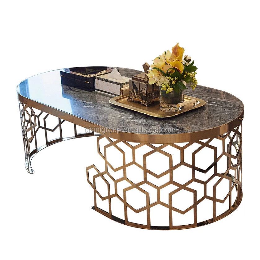 Elegant European Designed Neo Classical Oval Piercing Pattern Center Coffee Table of Golden Stainless Steel BF12-11274e