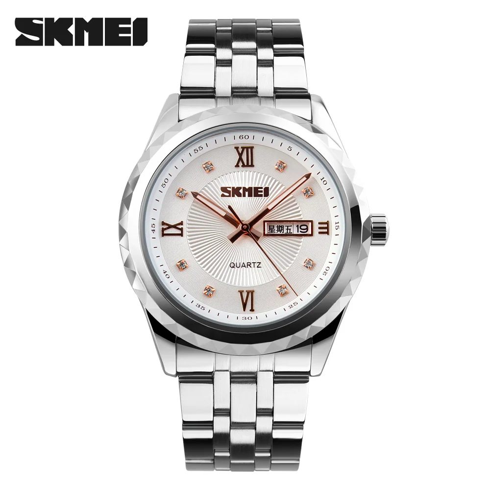 Skmei 9100 Brand Luxury Men Wrist Watches Business Date Week Clock Quartz Waterproof Elegant Diamond Stainless Steel Hand Watch