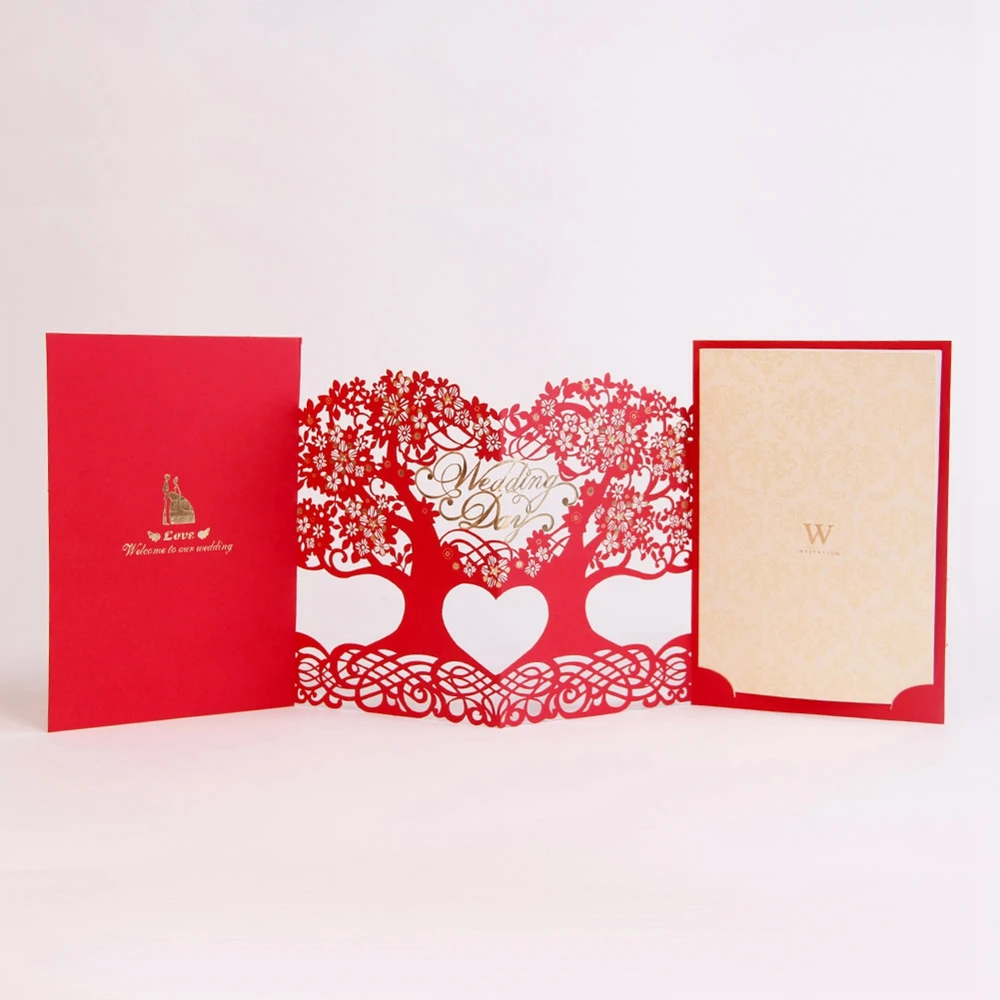 
Laser Cut Tree Wedding Invitations Cards Personalized Customized Printing with Envelope Red and Gold Color 