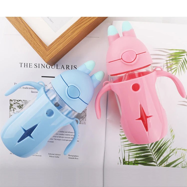 Promotional Custom Sports High Borosilicate Kids Water Bottle with protective cover and double handle portable 300ml