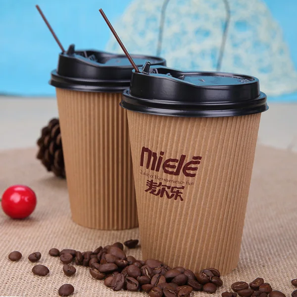 
12oz 400ml LOGO printed new design brown disposable ripple double wall coffee paper cups with black top and coffee straw 