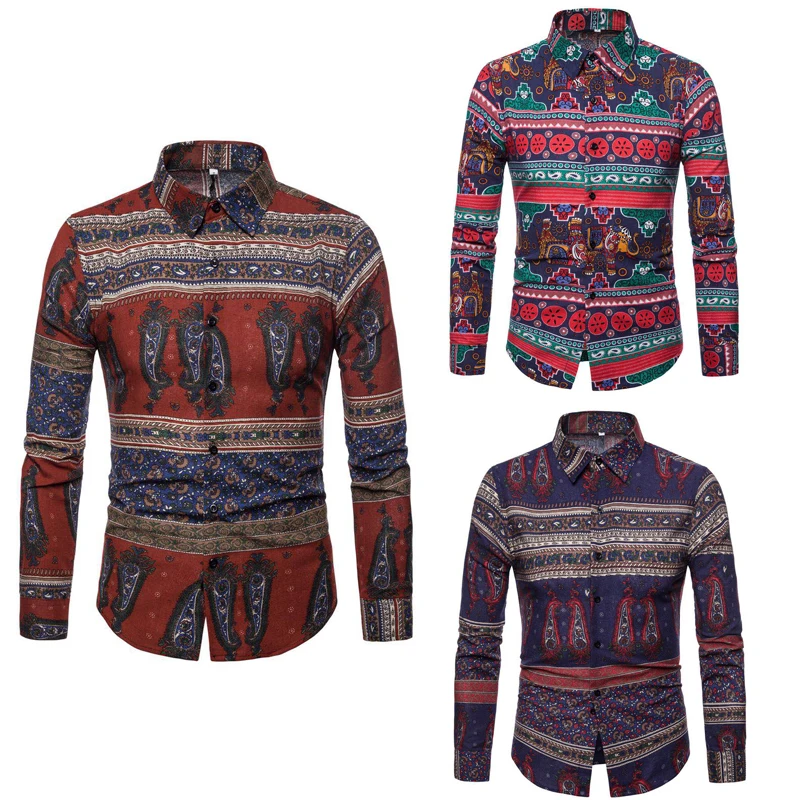 Men Linen Floral Shirt Long Sleeve Slim Fit Top Thailand Mexico Style Elephant Shirts Casual Dress Shirt