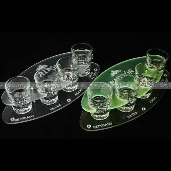 4 hole Frosted and Green acrylic shot trays, 4 slot Laser etched logo Acrylic Shot Glass Holder, Oval Acrylic Wine Cups Trays
