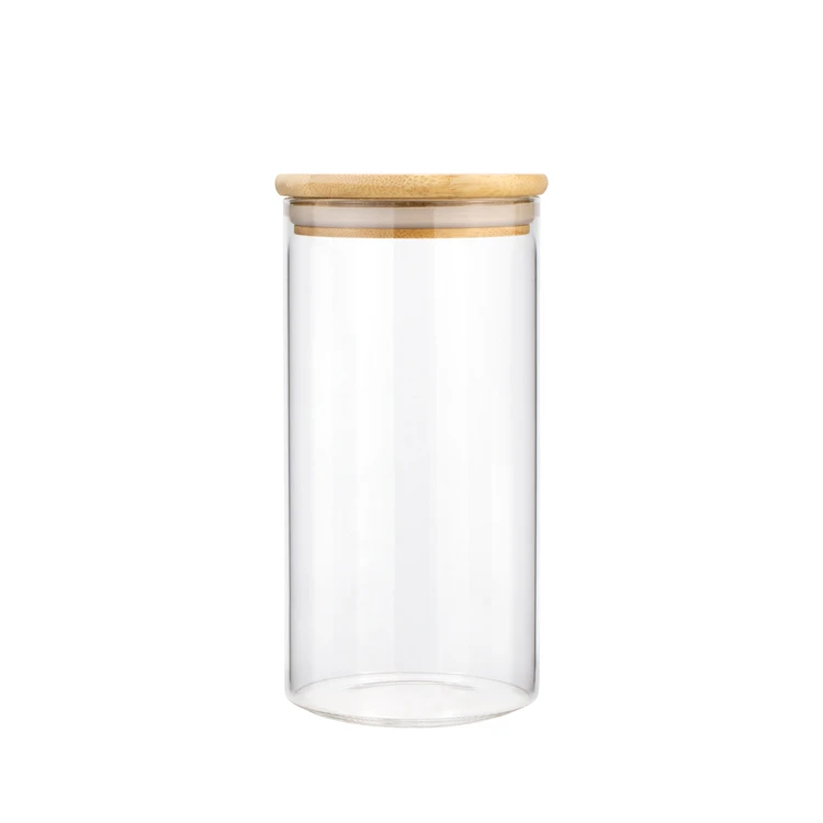4 oz 6 oz 8 oz Clear High Cylinder Airtight Candy Food Storage Borosilicate Glass Candle Jars With wooden Top Lid