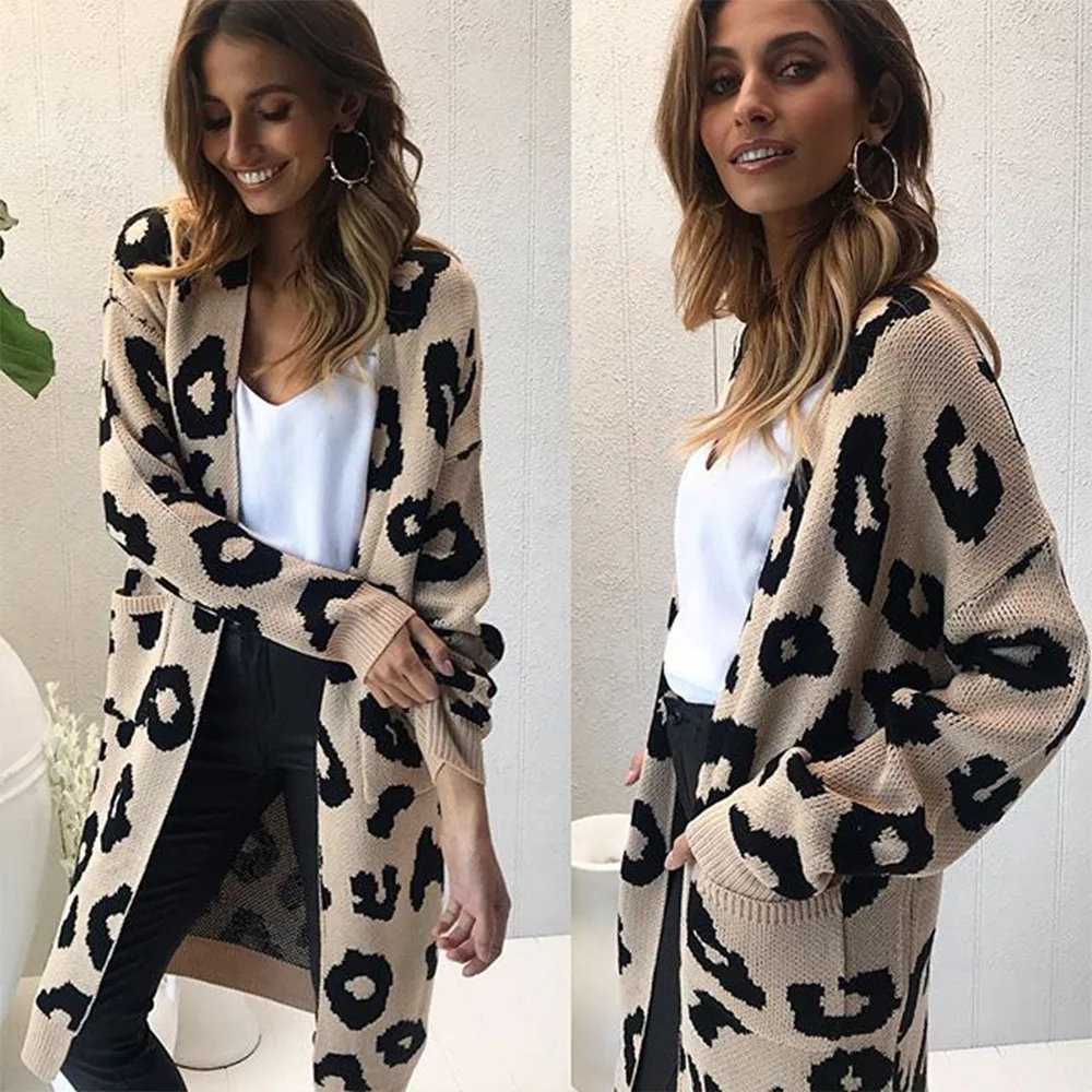 Women autumn leopard knitted long cardigan long sleeve sweater overcoat for female 2022 autumn new outerwear coats