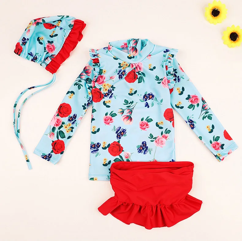 1-12 year old for girl Sexy swimwear printed long sleeved Tops red mini skirts cap sets little girls cute swimsuit