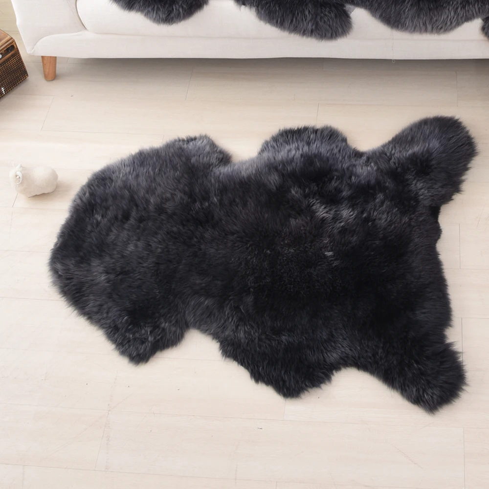 OGLAND Natural Fur Fluffy Long Wool Carbon Black Genuine Sheepskin Rug 2x3,  Single Pelt Luxury Authentic Fur Area Rug