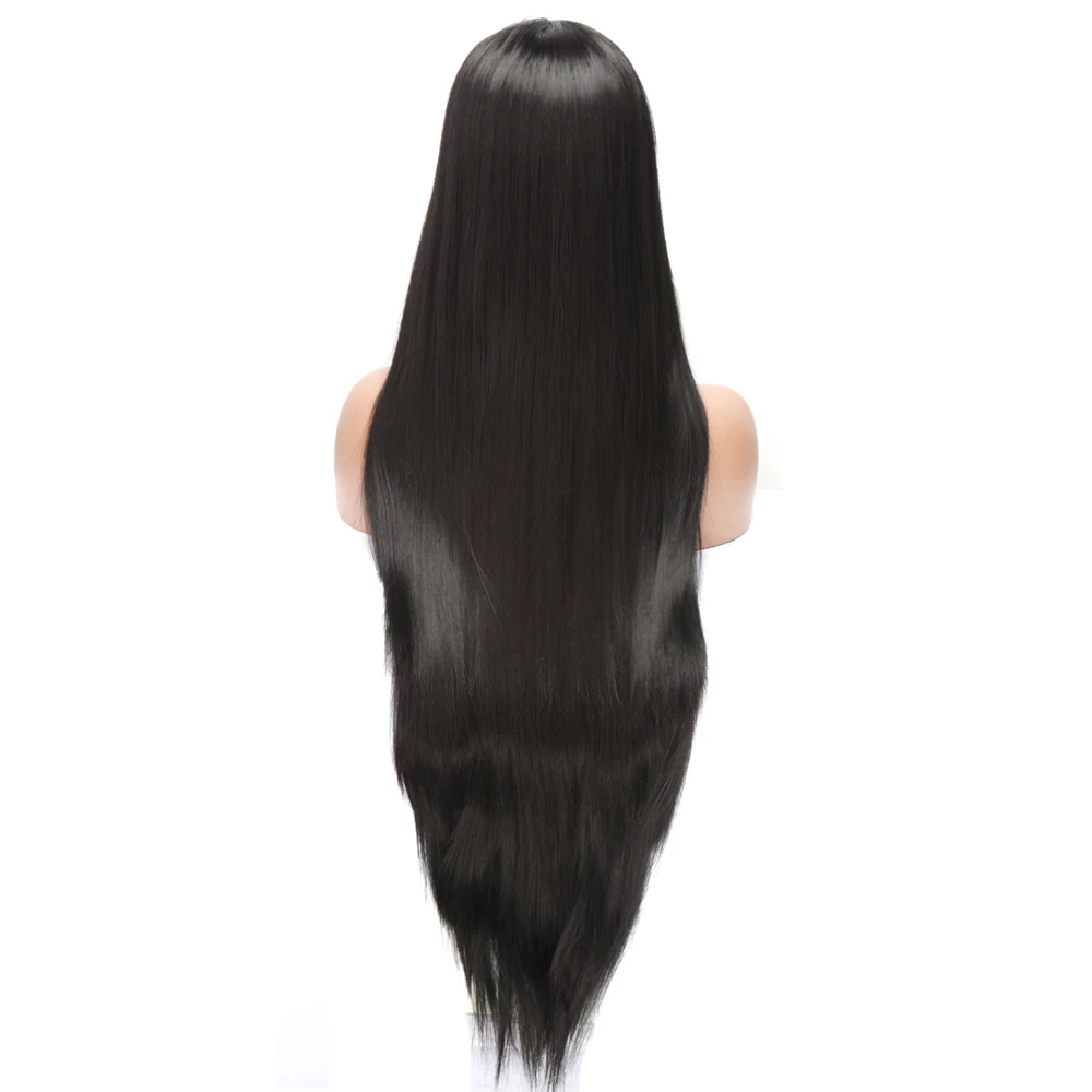 30 inch Black Silky Straight Synthetic Lace Front Wigs Glueless Heat Resistant Fiber Hair Wig For Women Black Hair L Side Part