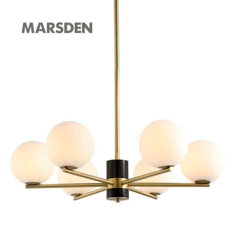 MARSDEN Modern white chandelier Brass black marble  Hand Blown glass crystal ball chandelier