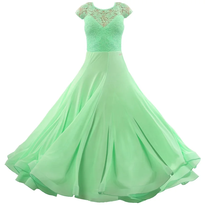 
Elegant large hem lace short sleeves long professional practice modern ballroom dance wear women ballroom dance dress 