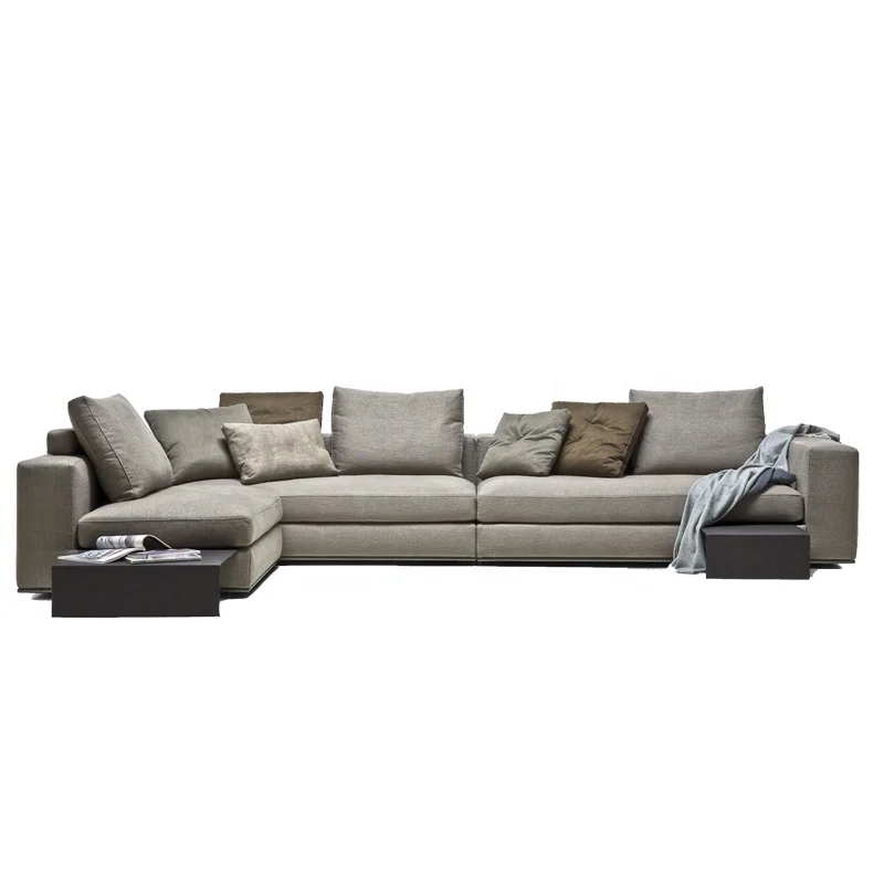 Секционный диван из итальянской ткани 3-местный угловой с подушками льняная одежда L-образный очень широким шезлонгом итальянский для гостиной