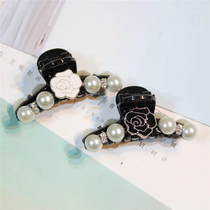 Hot Sell Women Camellia Flower Acrylic Rhinestone Pearl Plain Hair Claws