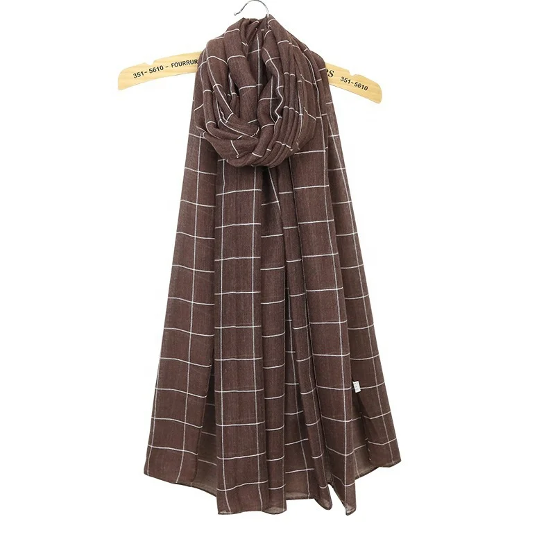 Wholesale Hot Selling Fashion Long Plain Plaid Cotton Check Scarf Women  Solid Color Shawls Ladies Soft Viscose Grid Hijab Scarf