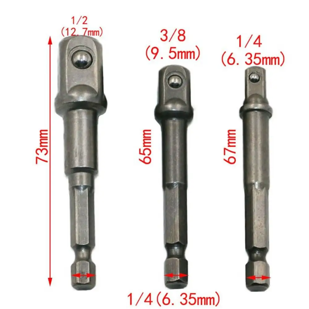 3PC Power Tool Accessories Hex Shank Sand Blasted Square Nut Driver 1/4' 3/8' 1/2' Square Nut Driver Extension Socket Adapter