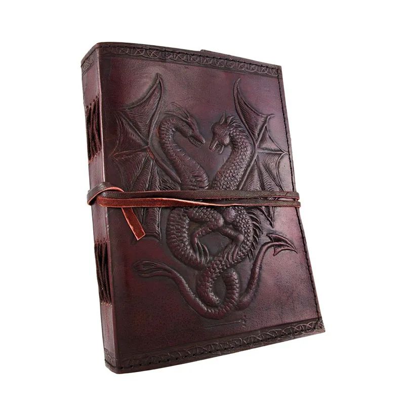 Custom Embossed Dual Dragons Leaf Journal Vintage Leather Notebook Sketchbook