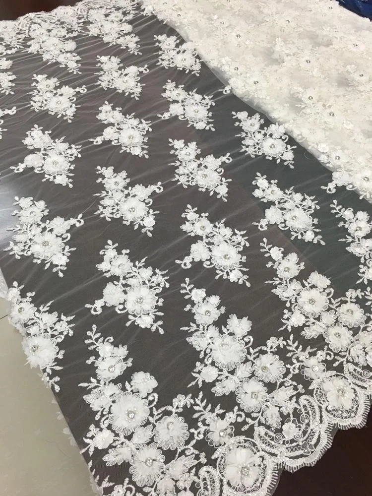 best selling bridal 3d lace flower applique sequin embroidery cord lace fabric with pearls stones for wedding dress