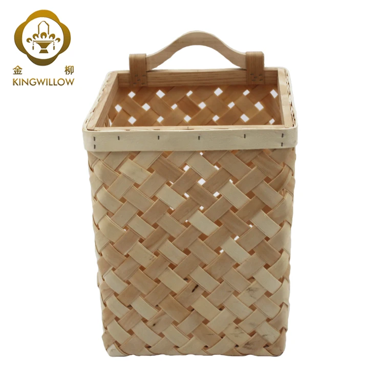 Cheap handamde eco friendly wood chip hanging storage basket for sundries with handles