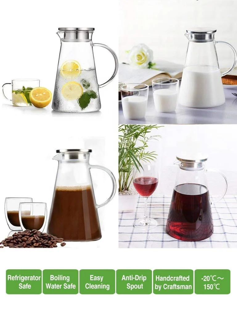 2000ml Clear Borosilicate Glass Water Pitcher Carafe Jug With Stainless Steel Lid For Homemade Juice