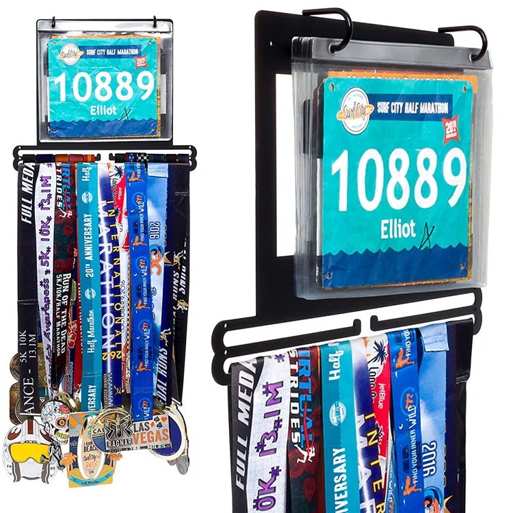Factory Custom Medal Display Hanger Marathon Medal Holder With Bib Pouches