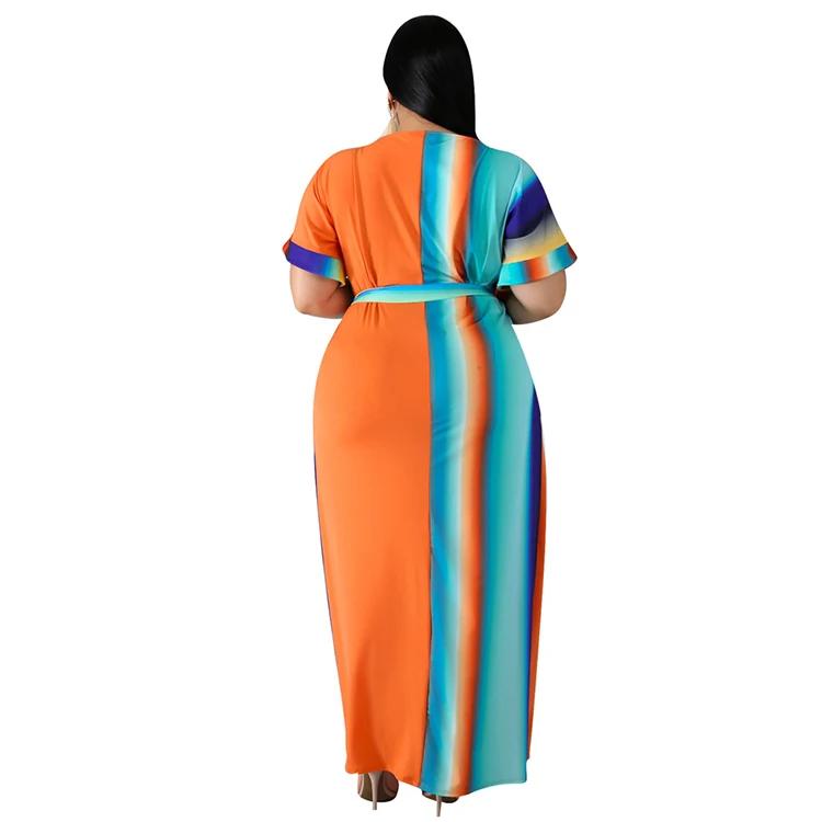 New Design Casual Fat Women One Piece High Waist Striped Print Dress With Belt Sexy Summer Long Maxi Dress Plus Size 2019