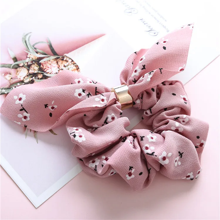Fashion flower print hair scrunchies bunny ear ponytail holder hair ties women