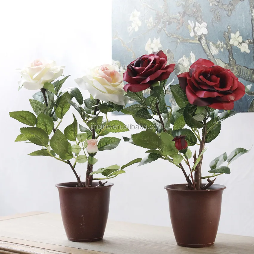 Home Desktop Decor Silk Flowers Suit Artificial Rose Bonsai Rose Potted Plants 24pcs/ctn P0409