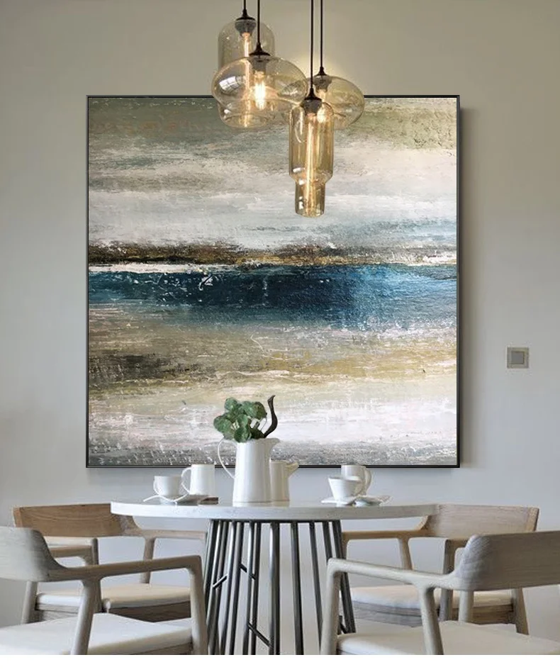 Abstract Artwork Painting Oil Wall Art Village Living Room Decorative Handpainted Canvas Blue Color Oil Painting Green Leaves