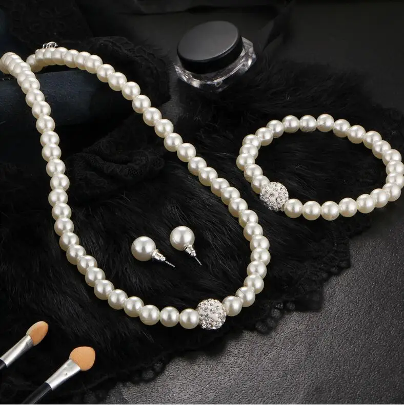 2018 Fashion Women Pearl Wedding Jewelry Set Earring&Bracelet and Necklace