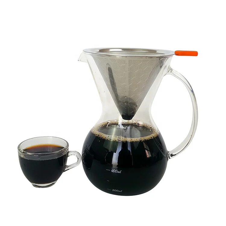 Transparent Glass Pour over Coffee Brewer Set Double-Layer Stainless Steel Cone Filter Glass Drip Coffee Pot