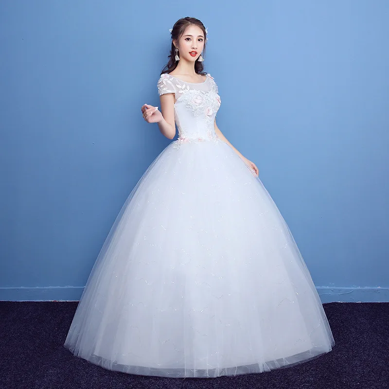 2017 Korea style Cheap Wedding Gown with short Sleeve Pink flower Lace Bridal Dresses