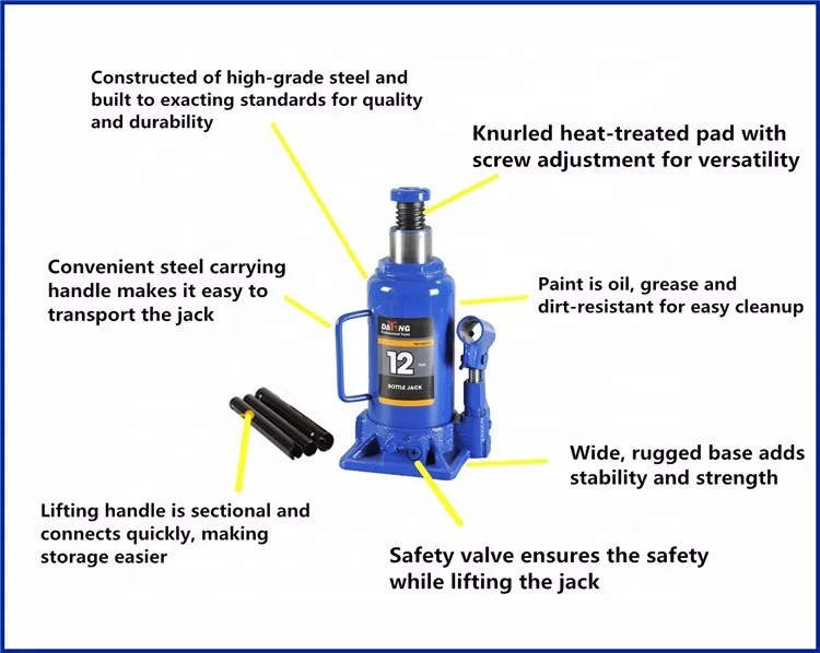 Adjustable Props Hydraulic Bottle Jack 20 Ton With Safety Valve GS CE TUV For Workshop