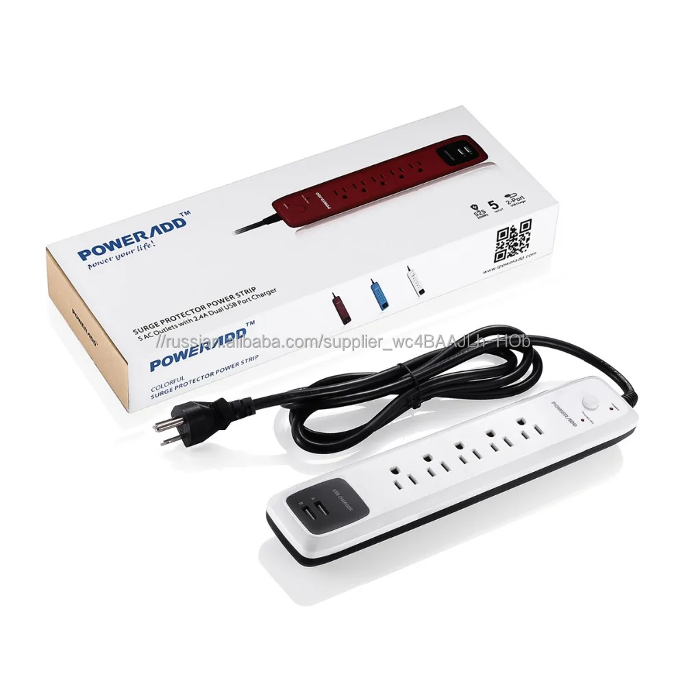 Poweradd power strip с 5-Outlet и 2-USB порт потребляемая электрическая мощность розетки