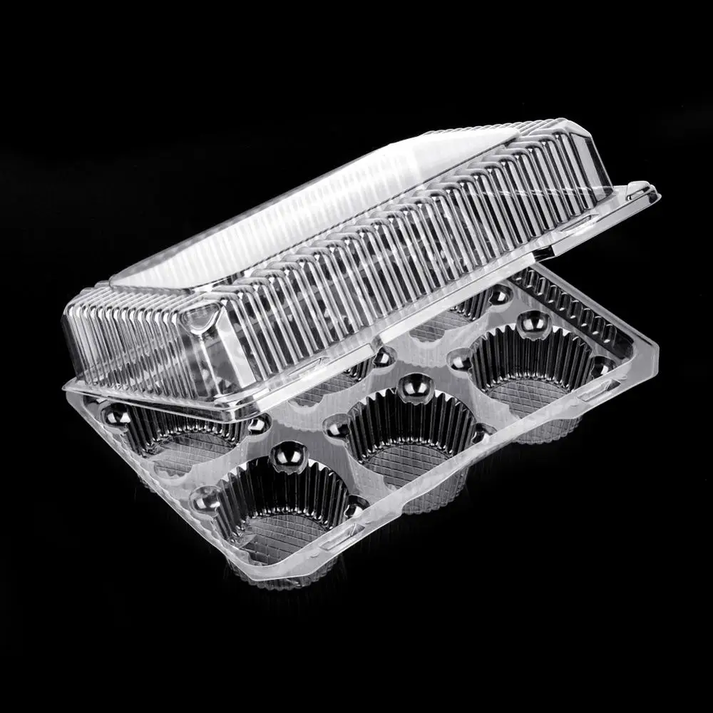 Disposable Bakery Plastic Hinged PET Blister 6 Hole Cupcake Container Boxes With Lid