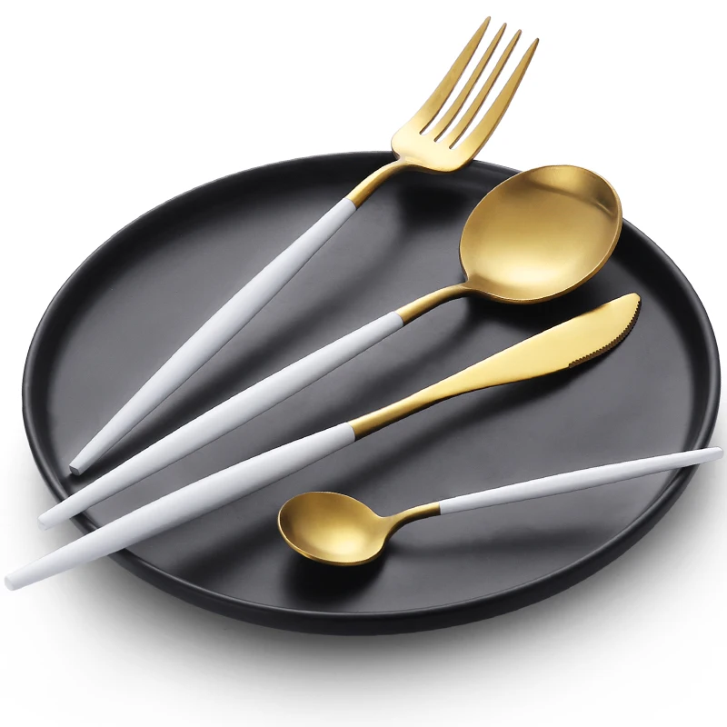 Cubiertos 18/8 Stainless Steel Portugal Cutlery White And Gold Flatware Matte Knife Spoon Fork Set