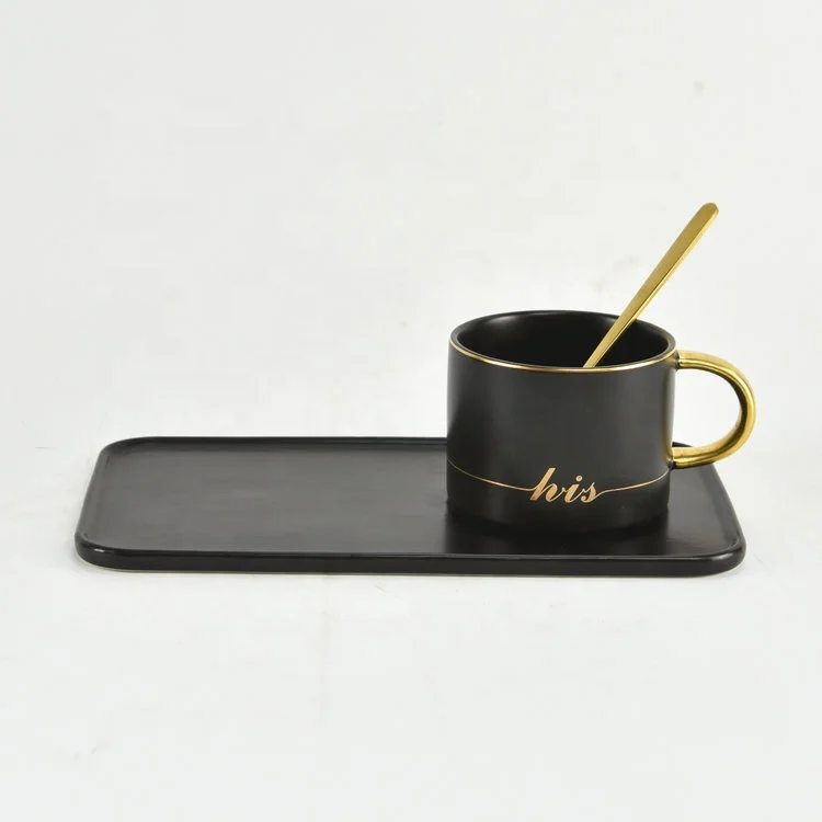Valentine gift couple golden decor ceramic coffee mug cup with rectangular saucer