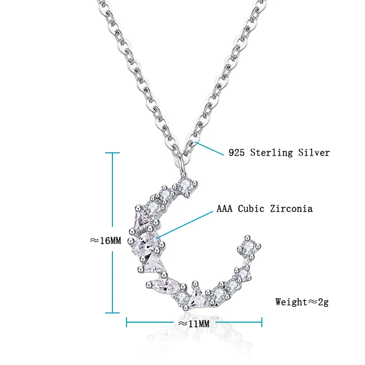 Zircon Crescent Moon Pendant Necklace for Women 925 Sterling Silver Jewelry