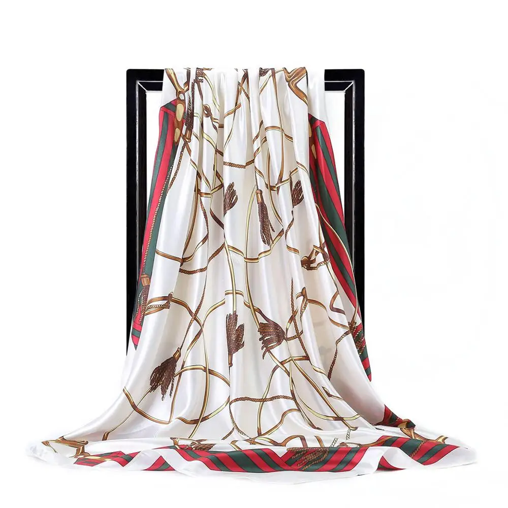 Шарфы для женщин модная футболка в полоску, большой размер, принтованный Шелковый Атласный шифон шарф 90 см роскошного фирменного дизайна; Цвет Квадратные платки мусульманский хиджаб шарф