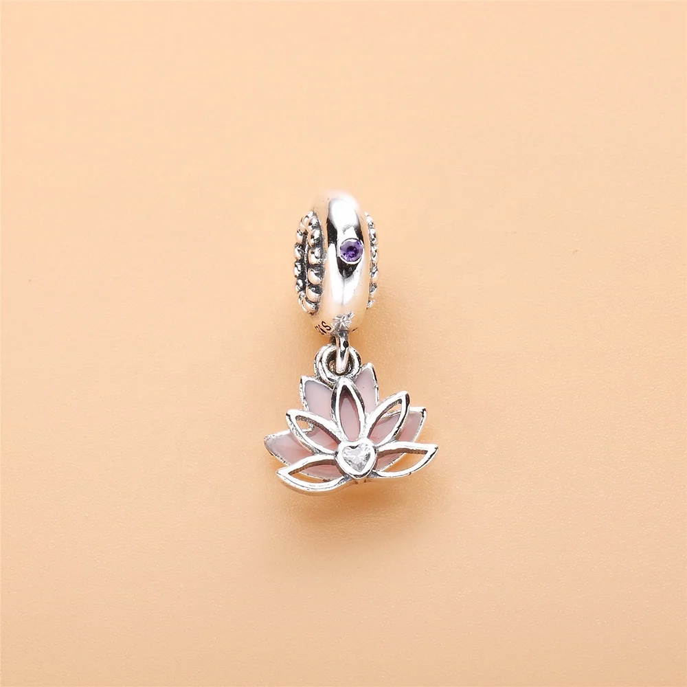 925 Sterling Silver Lucky Pink Lotus Flower Charms Beads For Famous Brand Bracelet Silver Charms flower heart necklace