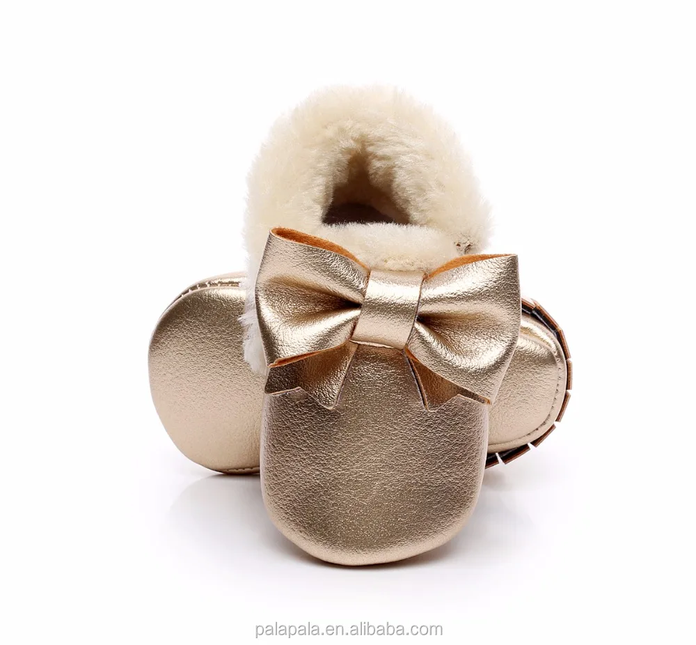 winter Tassel baby moccasin fleece bow shoes PU leather soft sole baby fringe boots