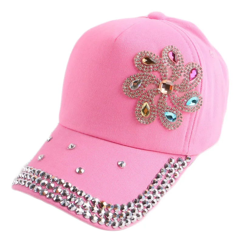 Wholesale high quality fashion colorful rhinestone womens 5 panel bling cotton baseball cap