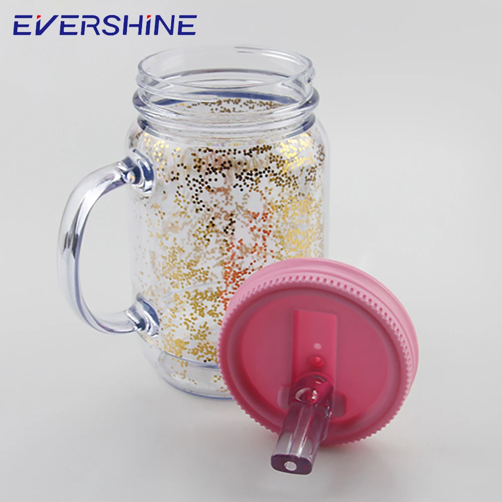 Ningbo wholesale 20oz colorful logo printing double wall drinking plastic mason jar with handle