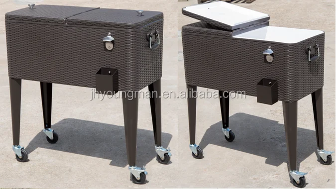 80Qt Rattan Patio Party Drink Metal Rooling Cooler Cart