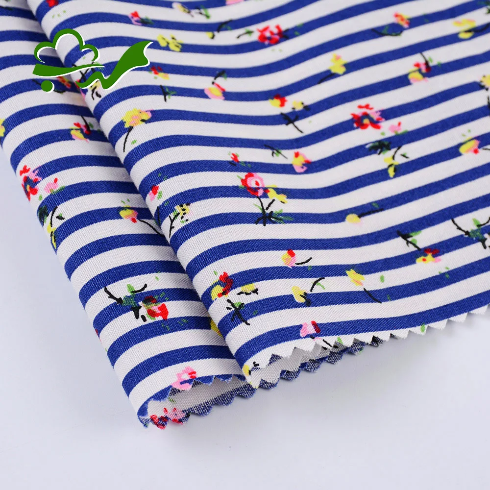 New design custom printed flower stripes blue 100% cotton shirt fabric