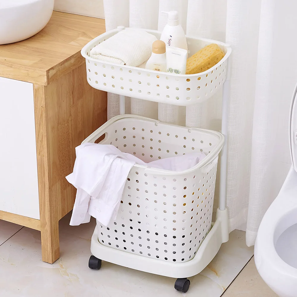 
Collapsible white plastic double clothes laundry hamper with wheels 
