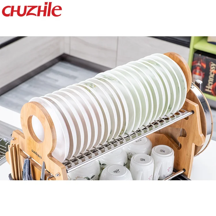 Simple 2 tier collapsible bamboo dish drying rack for kitchen drainer dish l3 Chuzhile
