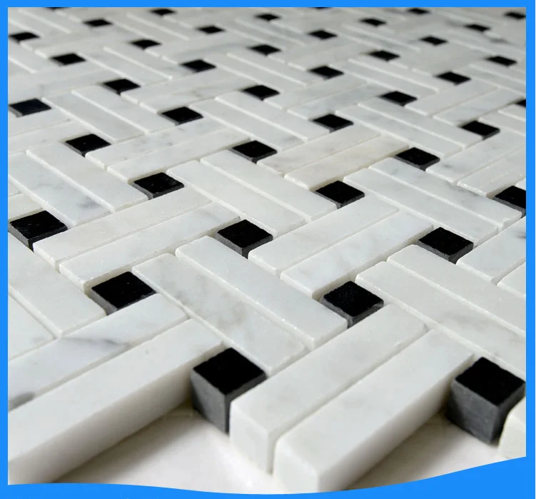 low price carrara white basketweave with black dots marble mosaic tile