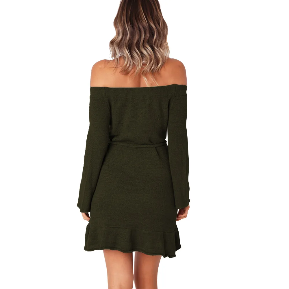 Winter Bodycon Wool One Piece Dress Women/Off The Shoulder Sweater Crochet Dress For Evening Party