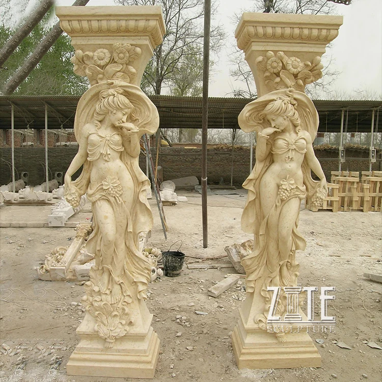 Садовая декоративная уличная белая мраморная колонна с фигуркой