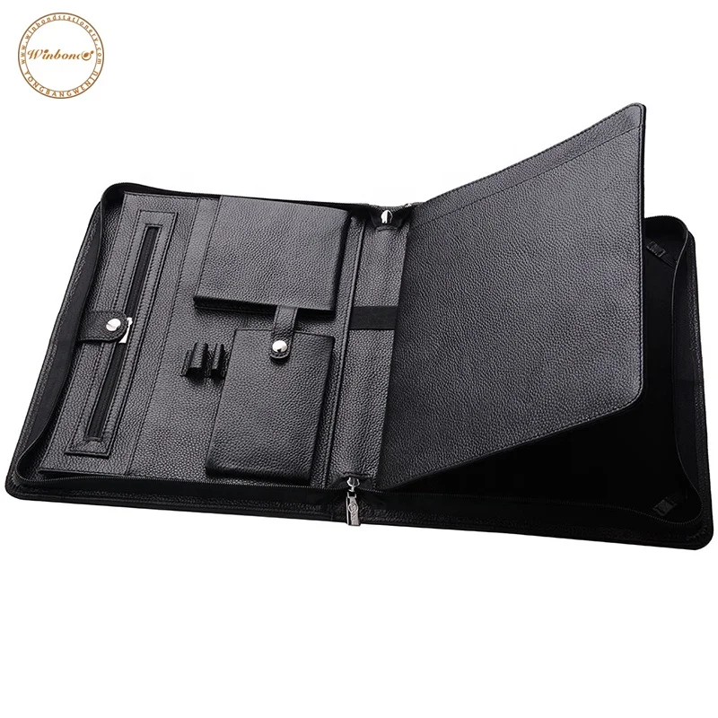 New Design Zip Genuine Leather A4 Refilll Pad Pu Leather A4 Document Portfolios Pad Refill Pocket Folder Folio